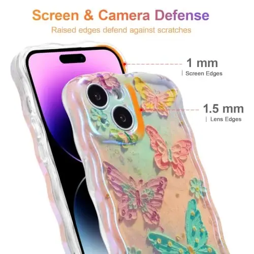 EYZUTAK Case for iPhone 14, Colorful Retro Oil Painting Flower Laser Glossy Pattern Cute Curly Wave Edge Exquisite Phone Cover Stylish Durable TPU Protective Case for Girl Women - Butterflies - 4