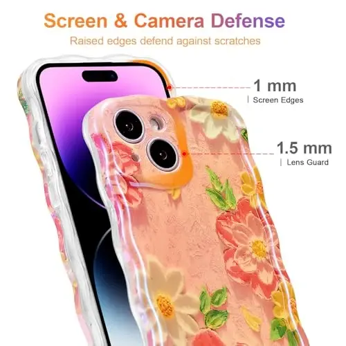 EYZUTAK Case for iPhone 14, Colorful Retro Oil Painting Flower Laser Glossy Pattern Cute Curly Wave Edge Exquisite Phone Cover Stylish Durable TPU Protective Case for Girl Women - Pink White - 4