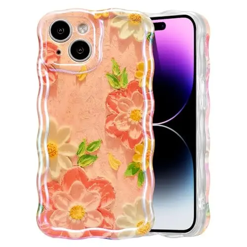EYZUTAK Case for iPhone 14, Colorful Retro Oil Painting Flower Laser Glossy Pattern Cute Curly Wave Edge Exquisite Phone Cover Stylish Durable TPU Protective Case for Girl Women - Pink White - 1