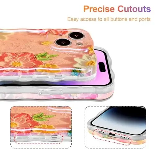 EYZUTAK Case for iPhone 14, Colorful Retro Oil Painting Flower Laser Glossy Pattern Cute Curly Wave Edge Exquisite Phone Cover Stylish Durable TPU Protective Case for Girl Women - Pink White - 5