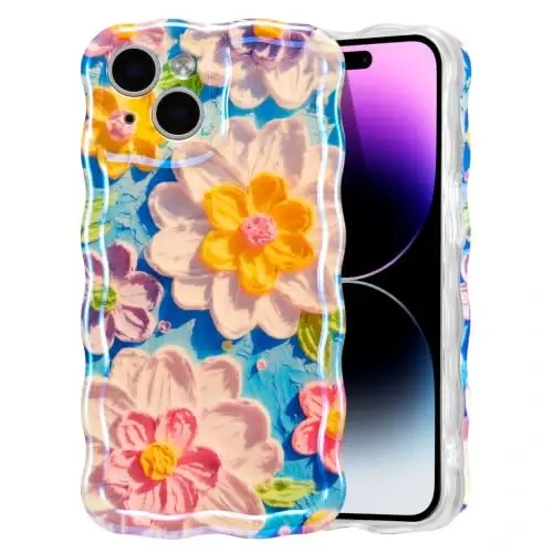 EYZUTAK Case for iPhone 14, Colorful Retro Oil Painting Flower Laser Glossy Pattern Cute Curly Wave Edge Exquisite Phone Cover Stylish Durable TPU Protective Case for Girl Women - White 