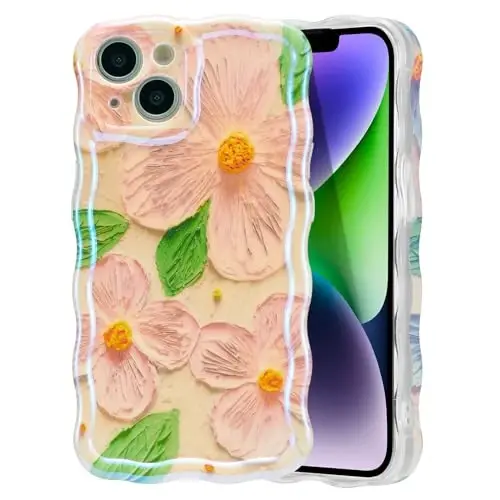 EYZUTAK Case for iPhone 14, Colorful Retro Oil Painting Flower Leaves Laser Glossy Pattern Cute Curly Waves Edge Exquisite Phone Cover Stylish Durable TPU Protective Case for Girls Women - Pink Green 