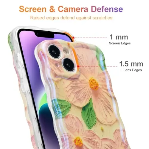 EYZUTAK Case for iPhone 14, Colorful Retro Oil Painting Flower Leaves Laser Glossy Pattern Cute Curly Waves Edge Exquisite Phone Cover Stylish Durable TPU Protective Case for Girls Women - Pink Green - 4