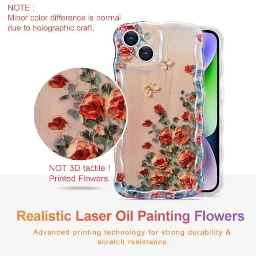 EYZUTAK Case for iPhone 14, Colorful Retro Oil Painting Printed Flower Laser Beam Glossy Pattern Cute Curly Waves Border Exquisite Phone Cover Stylish Durable TPU Protective Case for Girls Women-Beige - 2