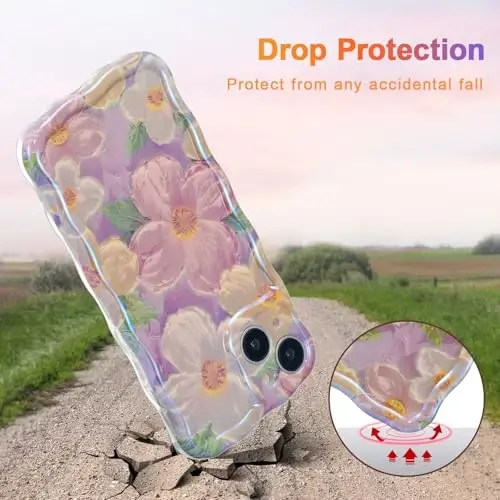 EYZUTAK Case for iPhone 14, Colorful Retro Oil Painting Printed Flower Laser Beam Glossy Pattern Cute Curly Waves Border Exquisite Phone Cover Stylish Durable TPU Protective Case for Girls Women -Pink - 3