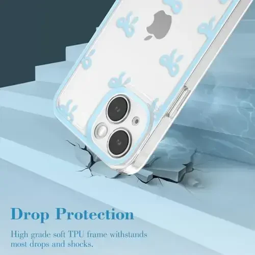 EYZUTAK Case for iPhone 14 Plus, Clear Cute Ribbon Bowknot Pattern Aesthetic Transparent Phone Case Raised Camera Protection Stylish Slim Soft Durable TPU Protective Cover for Women Girls - Blue - 10