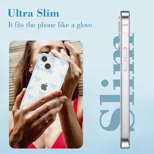 EYZUTAK Case for iPhone 14 Plus, Clear Cute Ribbon Bowknot Pattern Aesthetic Transparent Phone Case Raised Camera Protection Stylish Slim Soft Durable TPU Protective Cover for Women Girls - Blue - 4