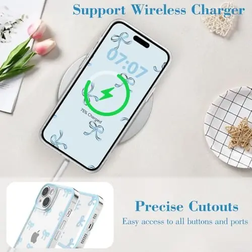 EYZUTAK Case for iPhone 14 Plus, Clear Cute Ribbon Bowknot Pattern Aesthetic Transparent Phone Case Raised Camera Protection Stylish Slim Soft Durable TPU Protective Cover for Women Girls - Blue - 5