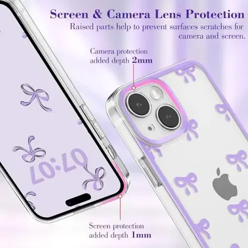 EYZUTAK Case for iPhone 14 Plus, Clear Cute Ribbon Bowknot Pattern Aesthetic Transparent Phone Case Raised Camera Protection Stylish Slim Soft Durable TPU Protective Cover for Women Girls - Purple - 9