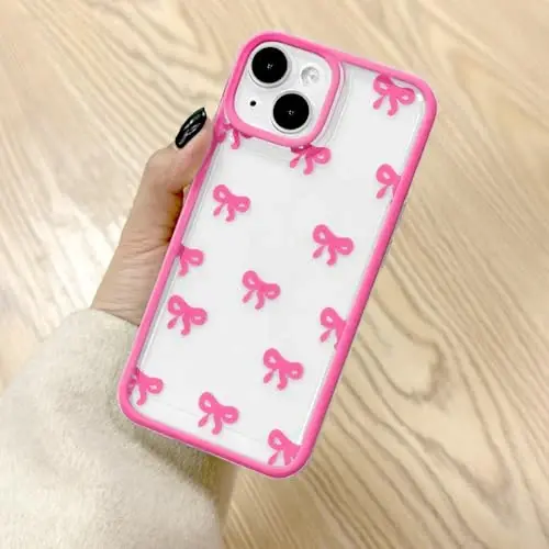 EYZUTAK Case for iPhone 14 Plus, Clear Cute Ribbon Bowknot Pattern Aesthetic Transparent Phone Case Raised Camera Protection Stylish Slim Soft Durable TPU Protective Cover for Women Girls - Rose Red - 1