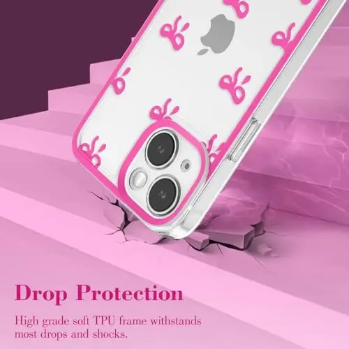 EYZUTAK Case for iPhone 14 Plus, Clear Cute Ribbon Bowknot Pattern Aesthetic Transparent Phone Case Raised Camera Protection Stylish Slim Soft Durable TPU Protective Cover for Women Girls - Rose Red - 3