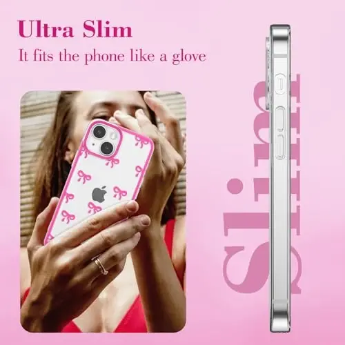 EYZUTAK Case for iPhone 14 Plus, Clear Cute Ribbon Bowknot Pattern Aesthetic Transparent Phone Case Raised Camera Protection Stylish Slim Soft Durable TPU Protective Cover for Women Girls - Rose Red - 4
