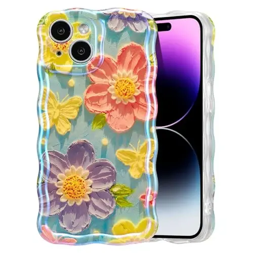 EYZUTAK Case for iPhone 14 Plus/iPhone 15 Plus, Colorful Retro Oil Painting Flower Laser Glossy Curly Wave Edge Exquisite Phone Cover Stylish Durable TPU Protective Case for Women - Butterfly Flower 