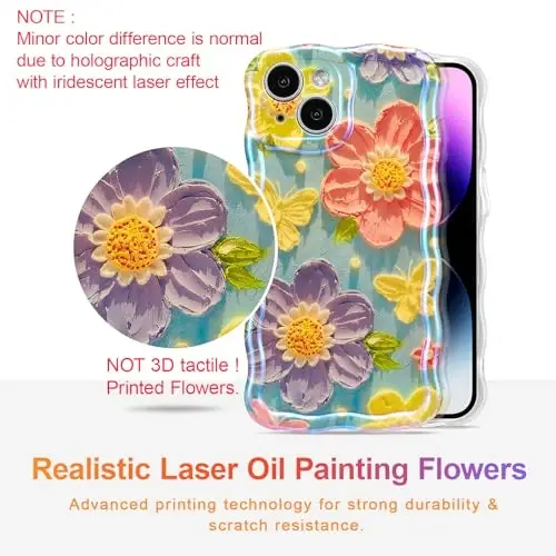 EYZUTAK Case for iPhone 14 Plus/iPhone 15 Plus, Colorful Retro Oil Painting Flower Laser Glossy Curly Wave Edge Exquisite Phone Cover Stylish Durable TPU Protective Case for Women - Butterfly Flower - EYZUTAK (1)