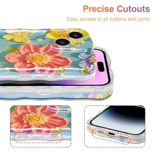 EYZUTAK Case for iPhone 14 Plus/iPhone 15 Plus, Colorful Retro Oil Painting Flower Laser Glossy Curly Wave Edge Exquisite Phone Cover Stylish Durable TPU Protective Case for Women - Butterfly Flower - 5