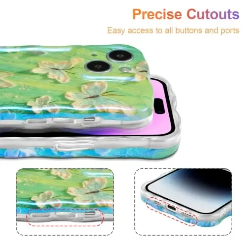 EYZUTAK Case for iPhone 14 Plus/iPhone 15 Plus, Colorful Retro Oil Painting Flower Laser Glossy Curly Wave Edge Exquisite Phone Cover Stylish Durable TPU Protective Case for Women - Butterfly Green - 5