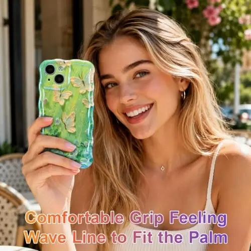 EYZUTAK Case for iPhone 14 Plus/iPhone 15 Plus, Colorful Retro Oil Painting Flower Laser Glossy Curly Wave Edge Exquisite Phone Cover Stylish Durable TPU Protective Case for Women - Butterfly Green - 6