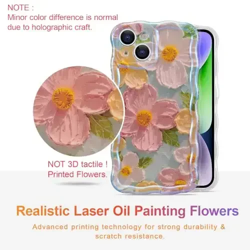 EYZUTAK Case for iPhone 14 Plus/iPhone 15 Plus, Colorful Retro Oil Painting Flower Laser Glossy Cute Curly Wave Edge Exquisite Phone Cover Stylish Durable TPU Protective Case for Girl Women - Green - 2