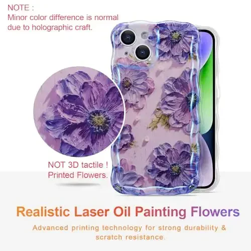 EYZUTAK Case for iPhone 14 Plus/iPhone 15 Plus, Colorful Retro Oil Painting Flower Laser Glossy Cute Curly Wave Edge Exquisite Phone Cover Stylish Durable TPU Protective Case for Girl Women - Purple - 2