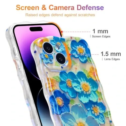 EYZUTAK Case for iPhone 14 Plus/iPhone 15 Plus, Colorful Retro Oil Painting Flower Laser Glossy Cute Curly Wave Edge Exquisite Phone Cover Stylish Durable TPU Protective Case for Women - Blue - 4