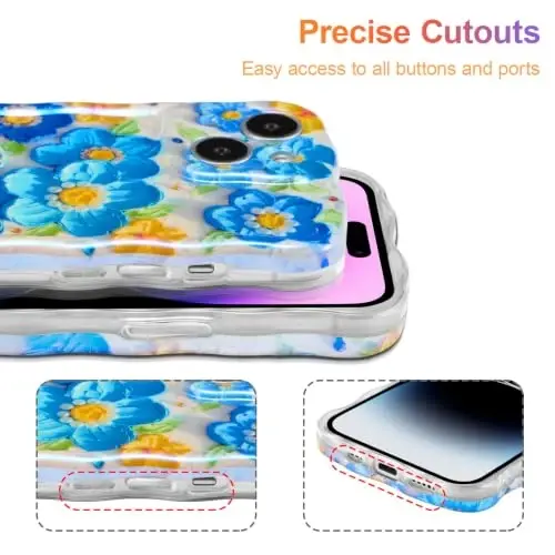 EYZUTAK Case for iPhone 14 Plus/iPhone 15 Plus, Colorful Retro Oil Painting Flower Laser Glossy Cute Curly Wave Edge Exquisite Phone Cover Stylish Durable TPU Protective Case for Women - Blue - 5