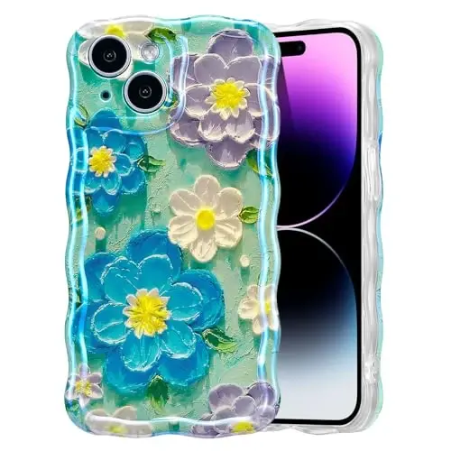 EYZUTAK Case for iPhone 14 Plus/iPhone 15 Plus, Colorful Retro Oil Painting Flower Laser Glossy Cute Curly Wave Edge Exquisite Phone Cover Stylish Durable TPU Protective Case for Women - Blue Purple - 1