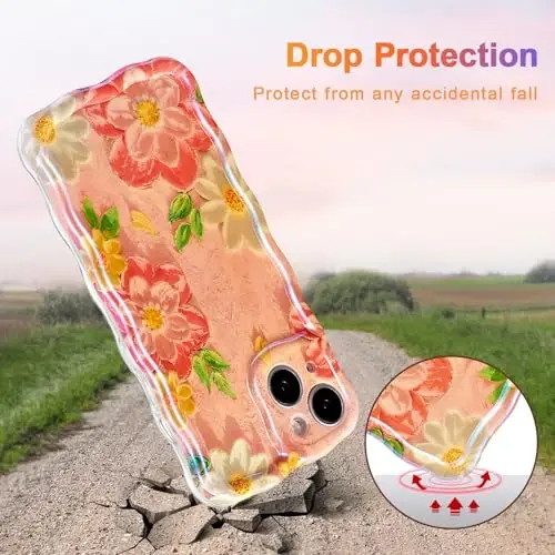 EYZUTAK Case for iPhone 14 Plus/iPhone 15 Plus, Colorful Retro Oil Painting Flower Laser Glossy Cute Curly Wave Edge Exquisite Phone Cover Stylish Durable TPU Protective Case for Women - Pink White - 3