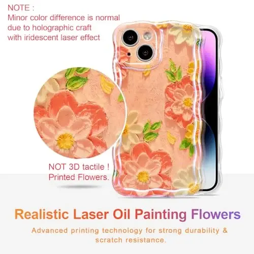 EYZUTAK Case for iPhone 14 Plus/iPhone 15 Plus, Colorful Retro Oil Painting Flower Laser Glossy Cute Curly Wave Edge Exquisite Phone Cover Stylish Durable TPU Protective Case for Women - Pink White - 2