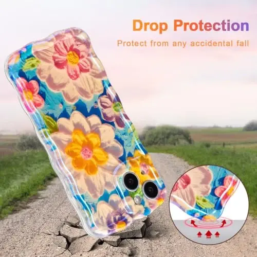 EYZUTAK Case for iPhone 14 Plus/iPhone 15 Plus, Colorful Retro Oil Painting Flower Laser Glossy Cute Curly Wave Edge Exquisite Phone Cover Stylish Durable TPU Protective Case for Women - White - 3
