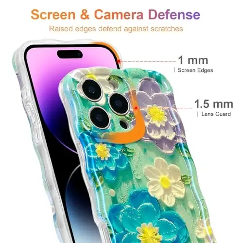EYZUTAK Case for iPhone 14 Pro, Colorful Retro Oil Painting Flower Laser Glossy Pattern Cute Curly Wave Edge Exquisite Phone Cover Stylish Durable TPU Protective Case for Girl Women - Blue Purple - 4