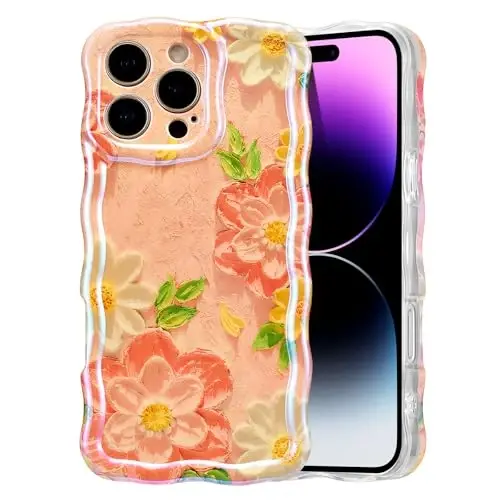 EYZUTAK Case for iPhone 14 Pro, Colorful Retro Oil Painting Flower Laser Glossy Pattern Cute Curly Wave Edge Exquisite Phone Cover Stylish Durable TPU Protective Case for Girl Women - Pink White 