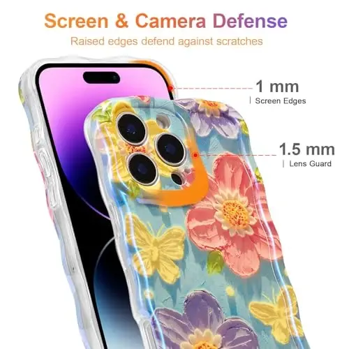 EYZUTAK Case for iPhone 14 Pro, Colorful Retro Oil Painting Flower Laser Glossy Pattern Cute Curly Wave Edge Exquisite Phone Cover Stylish Durable TPU Protective Case for Women - Butterfly Flower - 4