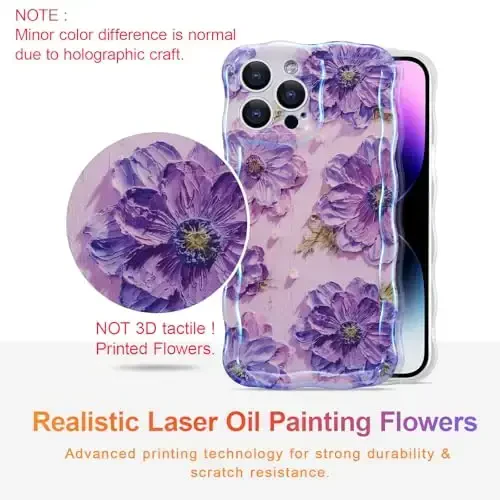 EYZUTAK Case for iPhone 14 Pro, Colorful Retro Oil Painting Printed Flower Laser Glossy Pattern Cute Curly Waves Border Exquisite Phone Cover Stylish Durable TPU Protective Case for Girls Women-Purple - EYZUTAK (1)