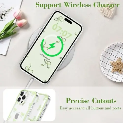 EYZUTAK Case for iPhone 14 Pro Max, Clear Cute Ribbon Bowknot Pattern Aesthetic Transparent Phone Case Raised Camera Protection Stylish Slim Soft Durable TPU Protective Cover for Women Girls - Green - 5