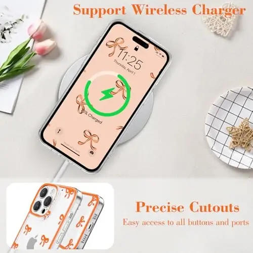 EYZUTAK Case for iPhone 14 Pro Max, Clear Cute Ribbon Bowknot Pattern Aesthetic Transparent Phone Case Raised Camera Protection Stylish Slim Soft Durable TPU Protective Cover for Women Girls - Orange - 5
