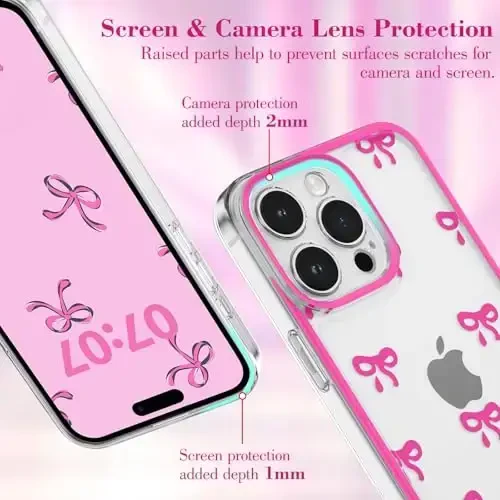 EYZUTAK Case for iPhone 14 Pro Max, Clear Cute Ribbon Bowknot Pattern Aesthetic Transparent Phone Case Raised Camera Protection Stylish Slim Soft Durable TPU Protective Cover for Women Girls -Rose Red - 2