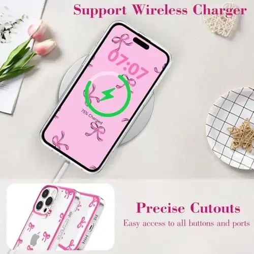 EYZUTAK Case for iPhone 14 Pro Max, Clear Cute Ribbon Bowknot Pattern Aesthetic Transparent Phone Case Raised Camera Protection Stylish Slim Soft Durable TPU Protective Cover for Women Girls -Rose Red - 5