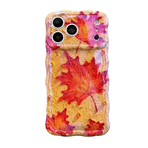 EYZUTAK Case for iPhone 14 Pro Max, Colorful Oil Painting Leaves,Maple Leaf | Laser Glossy Leaf Pattern, Cute Curly Wave Edge, Exquisite Phone Cover, Stylish Durable TPU Protective Case, for Girl Women - 3