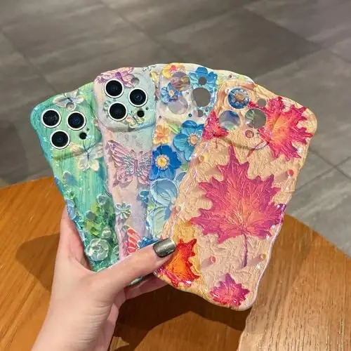 EYZUTAK Case for iPhone 14 Pro Max, Colorful Oil Painting Leaves,Maple Leaf | Laser Glossy Leaf Pattern, Cute Curly Wave Edge, Exquisite Phone Cover, Stylish Durable TPU Protective Case, for Girl Women - 6