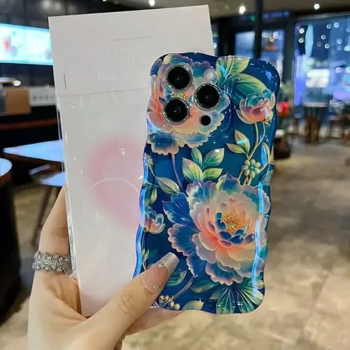 EYZUTAK Case for iPhone 14 Pro Max, Colorful Oil Painting Flower,Blue Peony | Laser Glossy Floral Pattern, Cute Curly Wave Edge, Exquisite Phone Cover, Stylish Durable TPU Protective Case for Girl Women - 6