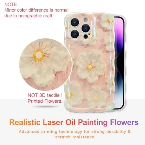 EYZUTAK Case for iPhone 14 Pro Max, Colorful Retro Oil Painting Flower Laser Glossy Pattern Cute Curly Wave Border Exquisite Phone Cover Stylish Durable TPU Protective Case for Girls Women-Light Pink - 2