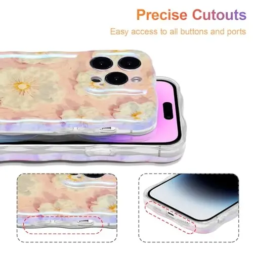 EYZUTAK Case for iPhone 14 Pro Max, Colorful Retro Oil Painting Flower Laser Glossy Pattern Cute Curly Wave Border Exquisite Phone Cover Stylish Durable TPU Protective Case for Girls Women-Light Pink - 5