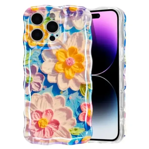 EYZUTAK Case for iPhone 14 Pro Max, Colorful Retro Oil Painting Flower Laser Glossy Pattern Cute Curly Wave Edge Exquisite Phone Cover Stylish Durable TPU Protective Case for Girl Women - White 