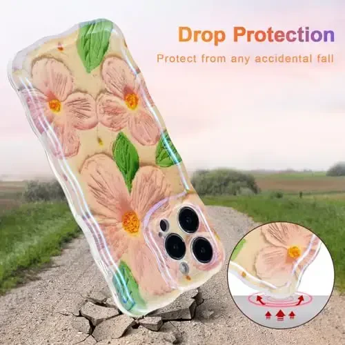 EYZUTAK Case for iPhone 14 Pro Max, Colorful Retro Oil Painting Flower Leaf Laser Glossy Pattern Cute Curly Waves Edge Exquisite Phone Cover Stylish Durable TPU Protective Case for Women - Pink Green - 3