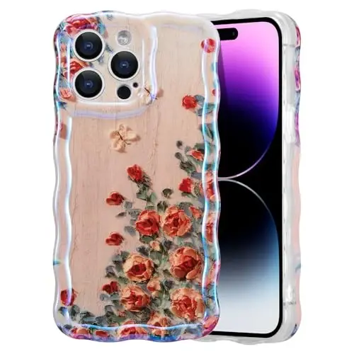 EYZUTAK Case for iPhone 14 Pro Max, Colorful Retro Oil Painting Printed Flower Laser Glossy Pattern Cute Curly Wave Edge Exquisite Phone Cover Stylish Durable TPU Protective Case for Girls Women-Beige 