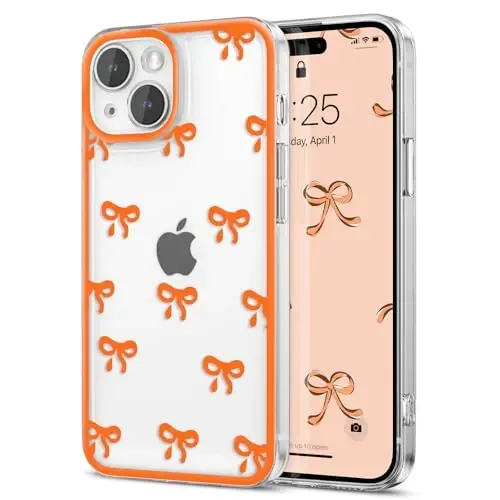 EYZUTAK Case for iPhone 15, Clear Cute Ribbon Bowknot Pattern Aesthetic Transparent Phone Case Raised Camera Protection Stylish Slim Soft Durable TPU Protective Cover for Women Girls - Orange 