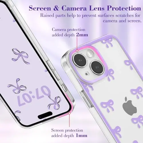 EYZUTAK Case for iPhone 15, Clear Cute Ribbon Bowknot Pattern Aesthetic Transparent Phone Case Raised Camera Protection Stylish Slim Soft Durable TPU Protective Cover for Women Girls - Purple - 2