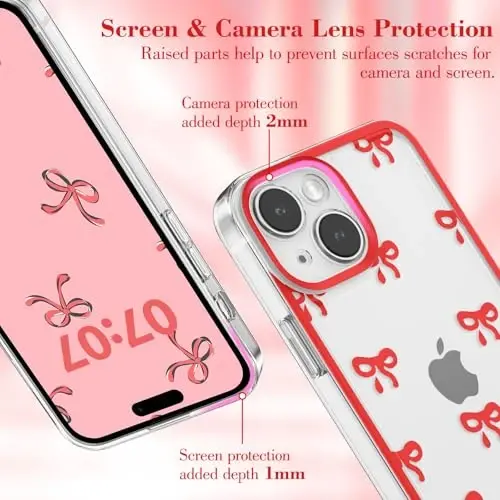 EYZUTAK Case for iPhone 15, Clear Cute Ribbon Bowknot Pattern Aesthetic Transparent Phone Case Raised Camera Protection Stylish Slim Soft Durable TPU Protective Cover for Women Girls - Red - 2