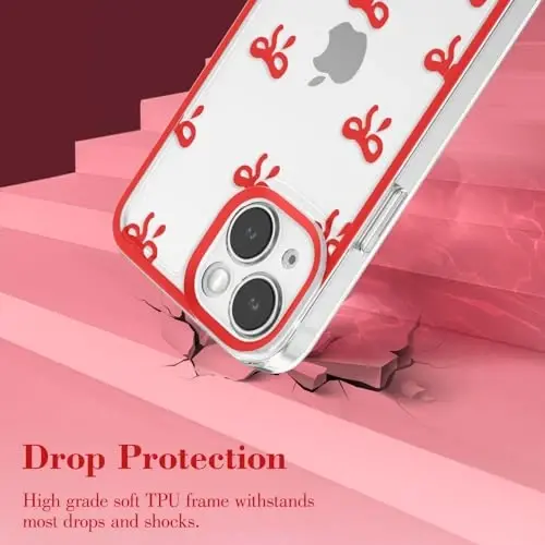 EYZUTAK Case for iPhone 15, Clear Cute Ribbon Bowknot Pattern Aesthetic Transparent Phone Case Raised Camera Protection Stylish Slim Soft Durable TPU Protective Cover for Women Girls - Red - 3