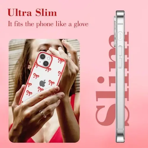 EYZUTAK Case for iPhone 15, Clear Cute Ribbon Bowknot Pattern Aesthetic Transparent Phone Case Raised Camera Protection Stylish Slim Soft Durable TPU Protective Cover for Women Girls - Red - 4